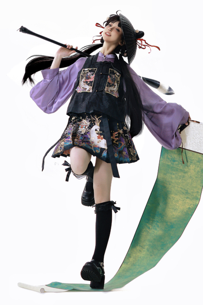 Dark Chinese-style Shirt + Vest + Skirt