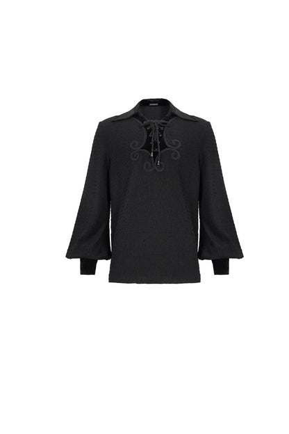 Black Embroidered Chest With Drawstring Strappy Puff Sleeved Gothic Shirt