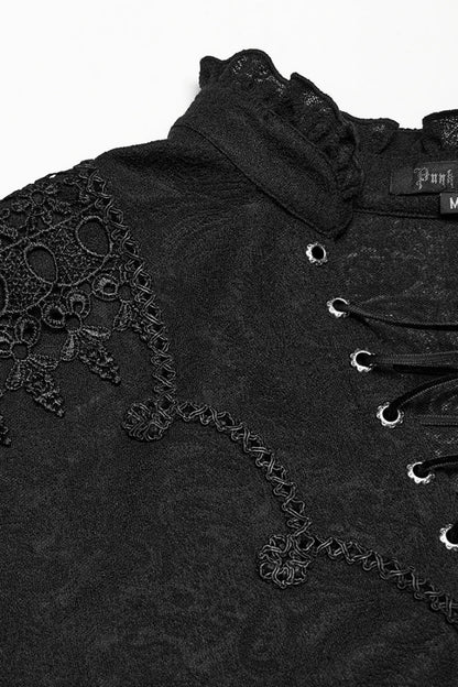 Black V Collar Long Sleeves Jacquard Embroidery Gothic Blouse