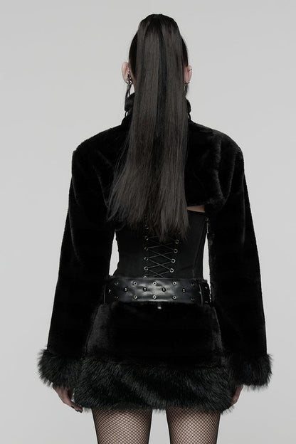 Black Stand Collar Long Sleeves Buckle Straps Faux Fur Punk Short Cloak