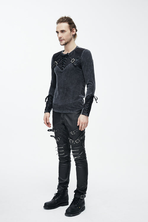 Black Faded Long Sleeves Lace Up Punk T-shirt