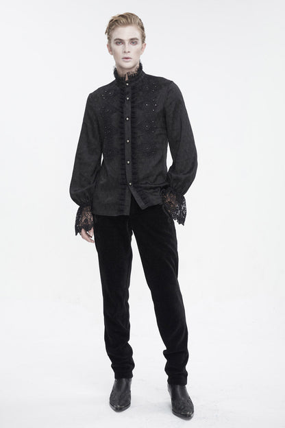 Black Stand Collar Puff Sleeved Lace Splice Gothic Shirt