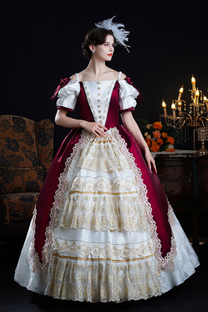 Red/apricot Off Shoulder Short Sleeves Ruffle Cardigan Bowknot Lace Classic Princess Palace Lolita Victorian Dress