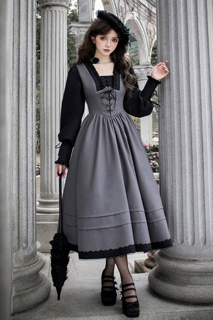 Grey [mist Chronicle] Square Collar Long Sleeves Bowknot Lace-up Color-block Fake Two Pieces Classic Lolita Dress
