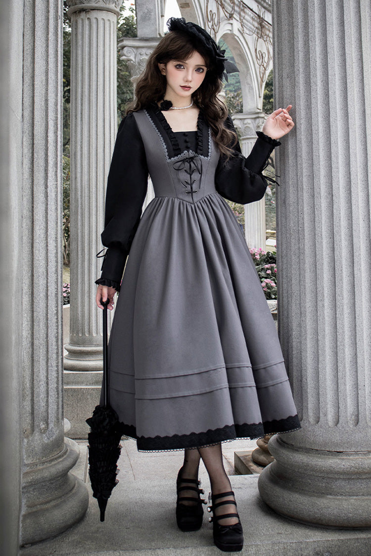Grey [mist Chronicle] Square Collar Long Sleeves Bowknot Lace-up Color-block Fake Two Pieces Classic Lolita Dress