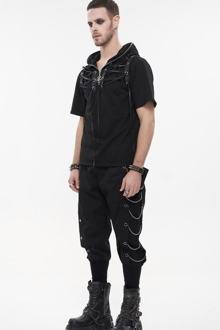 Black Punk Short Sleeve Metal Zipper Lace-up Knit Loose Hooded T-shirt
