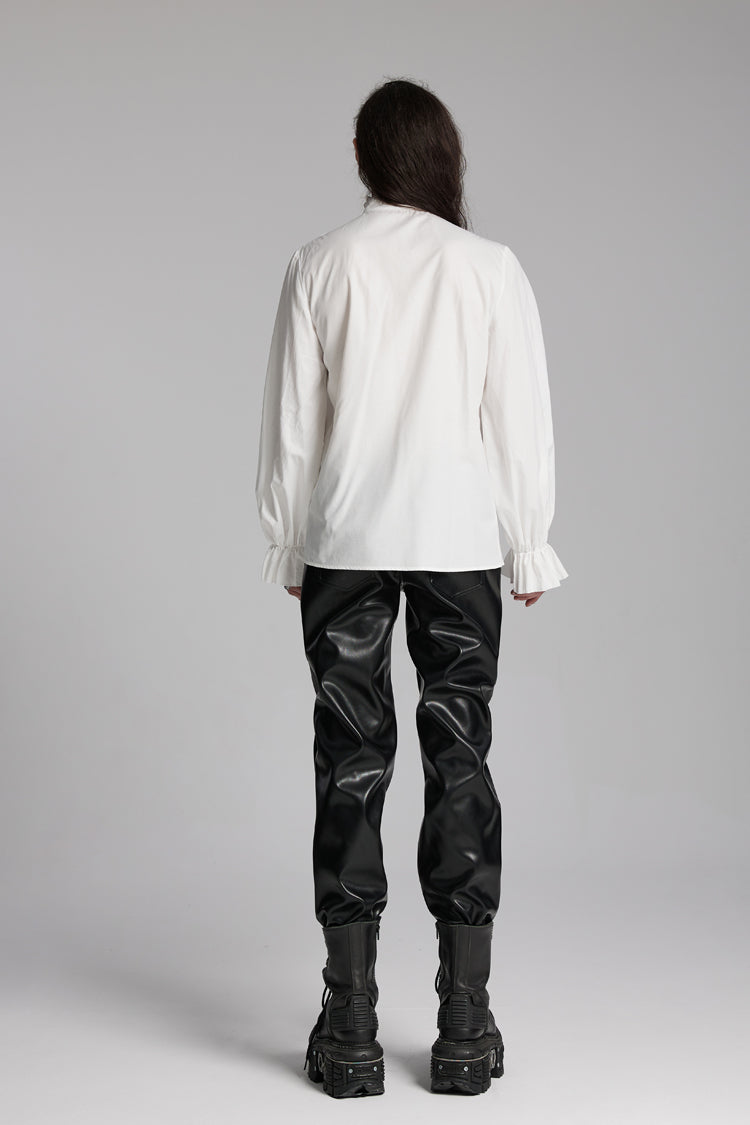 White Stand Collar Beast Buckle Long Sleeves Ruffle Gothic Blouse