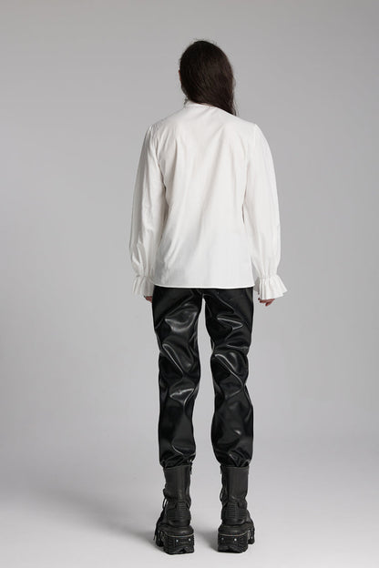 White Stand Collar Beast Buckle Long Sleeves Ruffle Gothic Blouse