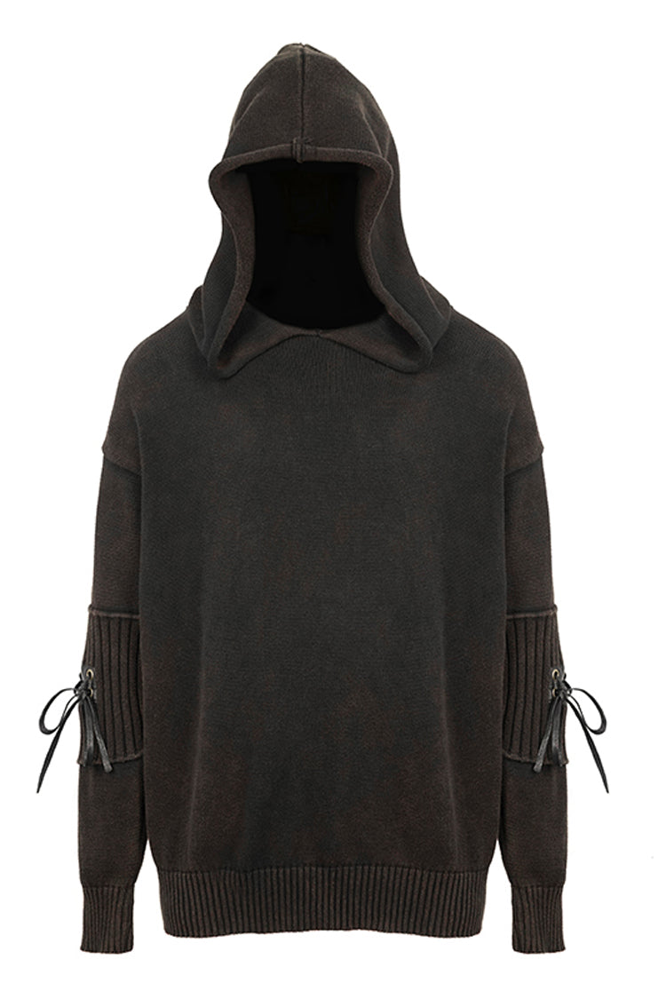 Brown Worn-out Long Sleeve Elbow Leather Strip Lace-up Hooded Coarse Knit Punk Sweater