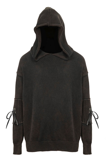 Brown Worn-out Long Sleeve Elbow Leather Strip Lace-up Hooded Coarse Knit Punk Sweater