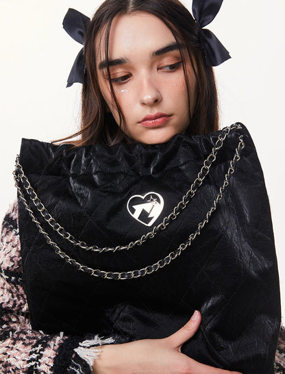 Cool Metal Diamond Quilted Leather Chain Tote Bag