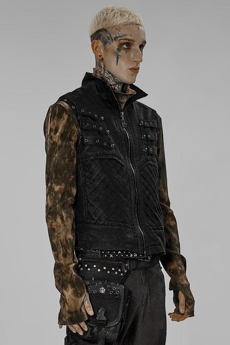 Black Punk Apocalyptic Stand Collar Twill Metal Skull Zip Vest