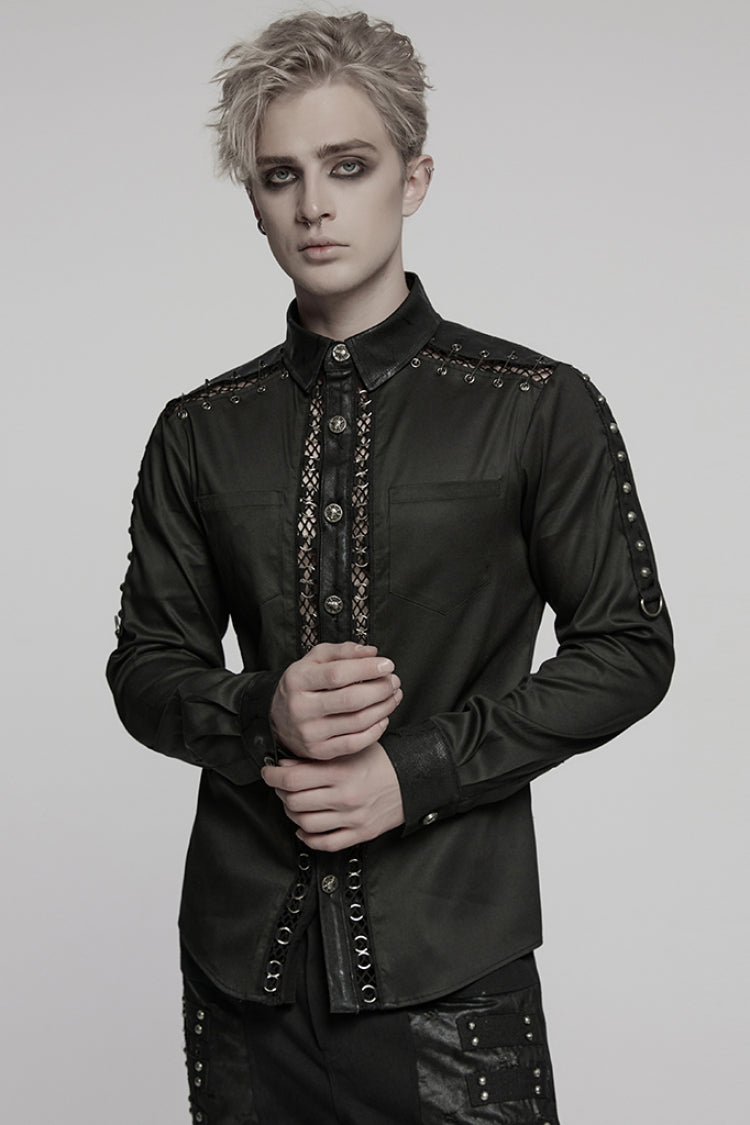 Black Lapel Collar Long Sleeves Stitching Mesh Punk Blouse