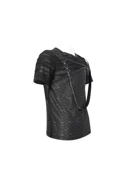Black Left Off Shoulder Chest Zipper Embellished Punk Short Sleeve