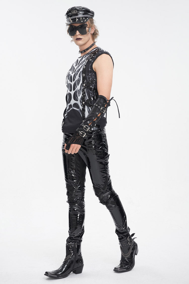 Black/white Round Collar Print Hollow Punk Vest