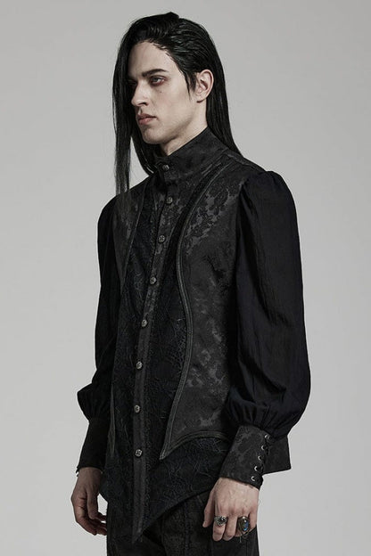 Black Stand Collar Long Puff Sleeves Jacquard Print Lace Gothic Blouse