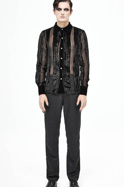 Black Striped Velvet Fold Mushroom Metal Buckles Long Sleeve Irregular Gothic Shirt