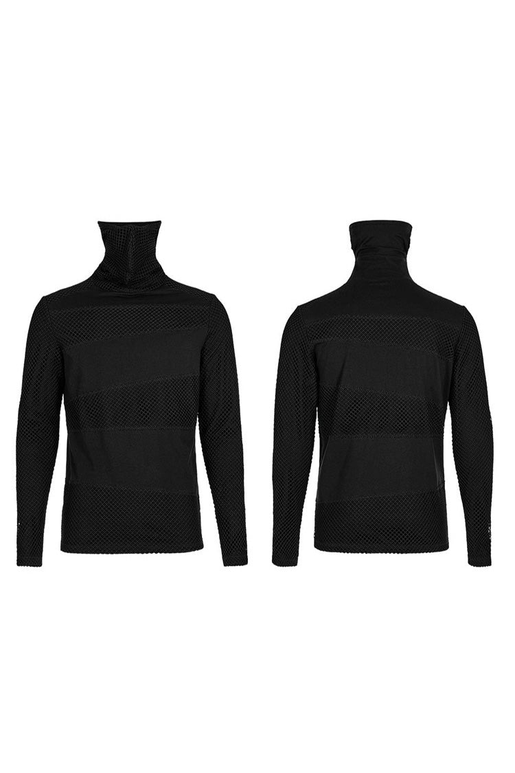 Black Punk Super High Collar Masked Hanging Ear Splicing Mesh Long Sleeves T-shirt