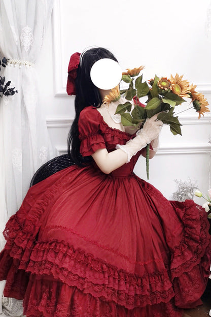 Red Short Puff Sleeves Multi-layered Ruffle Bowknot Classic Lolita Dress