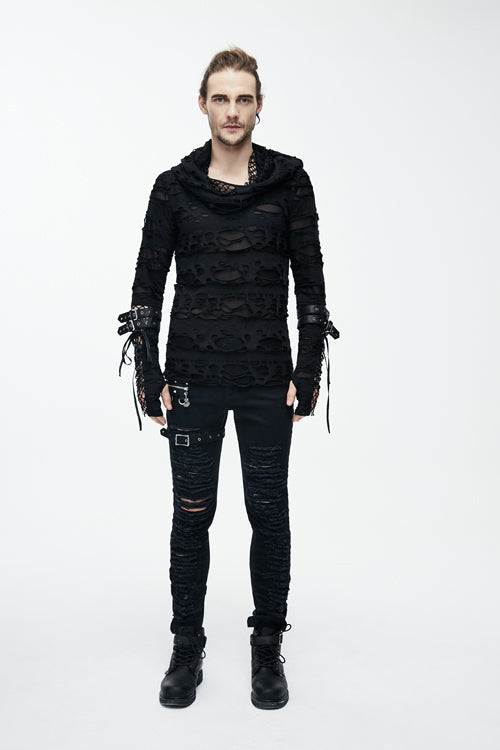 Black Ripped Finger Covered Autumn Hooded Punk T-shirt
