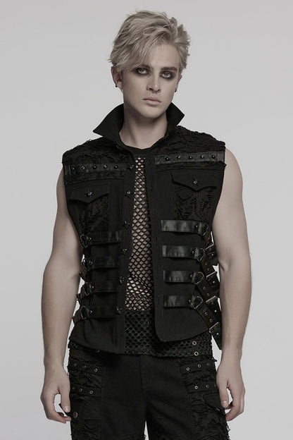 Black Stitching Mesh Rivet Buckle Punk Vest