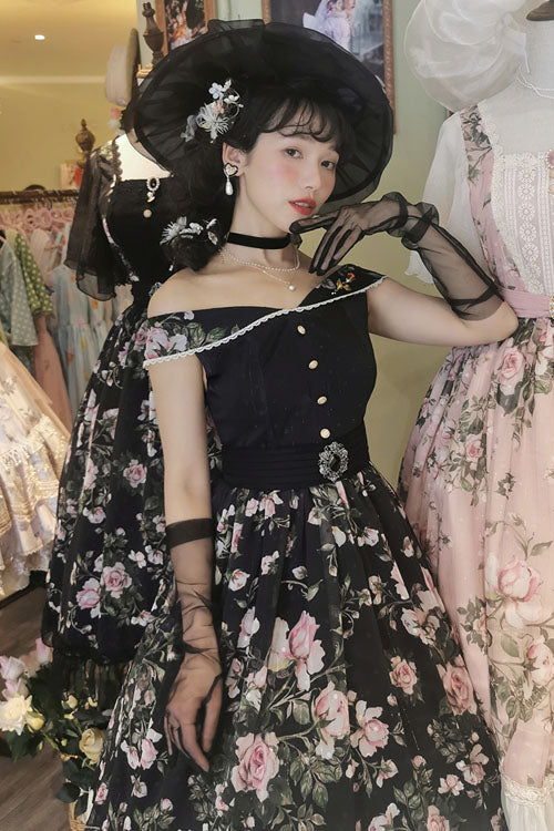 Black French Rose Print V Collar Sleeveless Ruffled Classic Lolita Jsk Dress