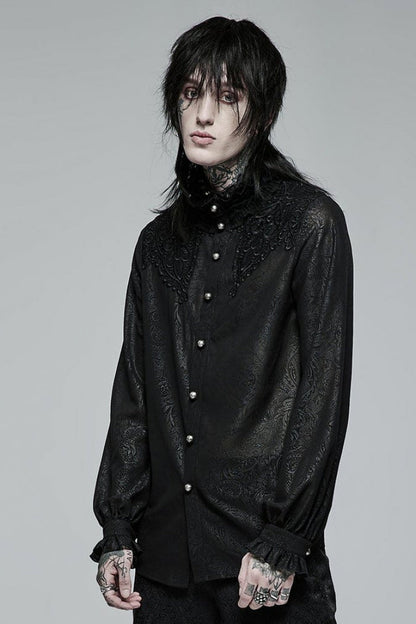 Black Stand Collar Ruffle Embroidery Gothic Blouse