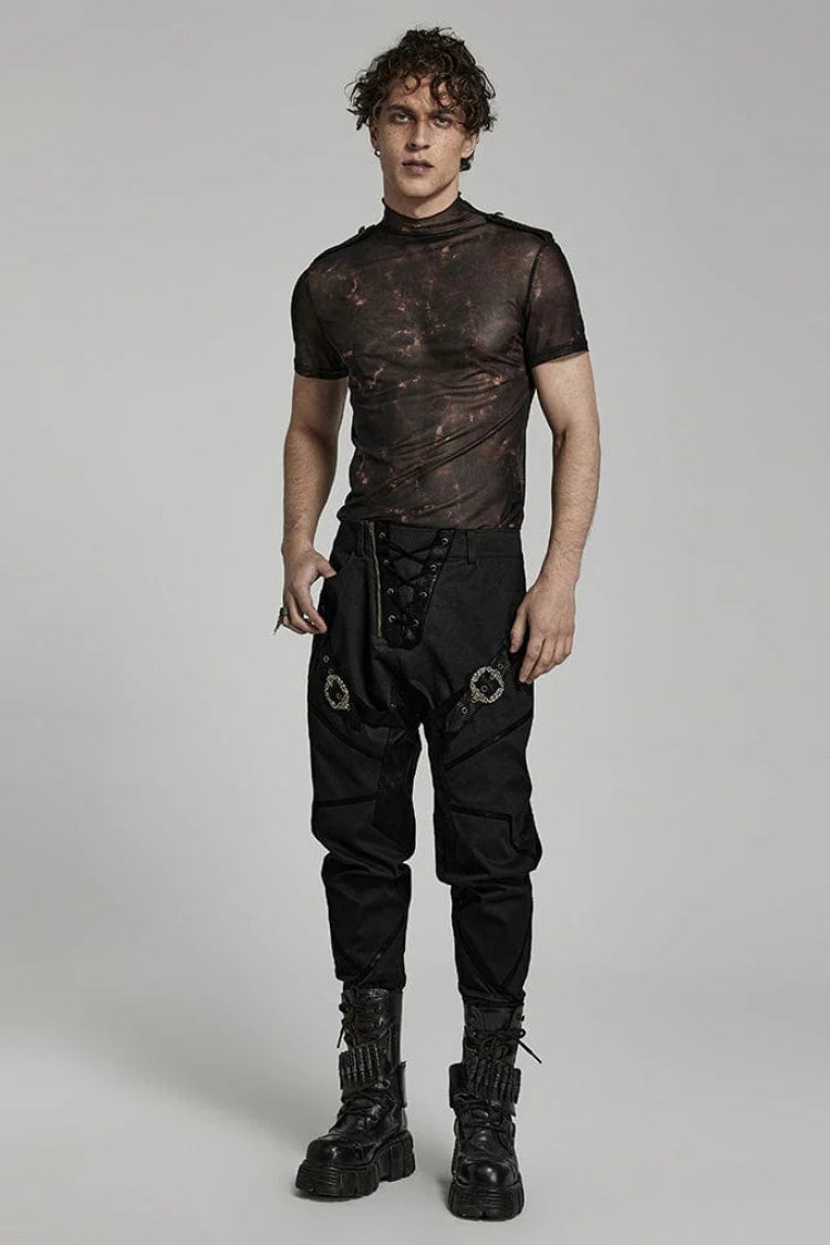 Stand Collar Short Sleeves Print Slim Steampunk T-shirt 2 Colors