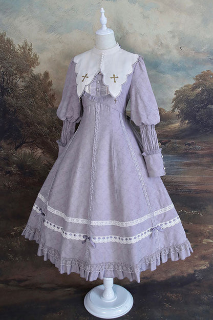 Purple Cross Dark Church Lace Long Sleeves Ruffled Classic Lolita Op Dress