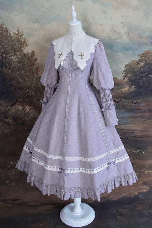 Purple Cross Dark Church Lace Long Sleeves Ruffled Classic Lolita Op Dress