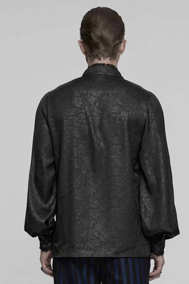 Black Stand Collar Long Sleeves Ruffle Embroidery Lace-up Plunging Rose Gothic Blouse