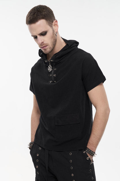 Black Hooded Mesh Splice Zipper Back Openwork Lace-up Short Sleeve Punk T-shirt