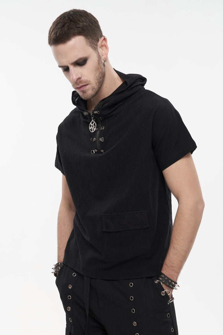 Black Hooded Mesh Splice Zipper Back Openwork Lace-up Short Sleeve Punk T-shirt