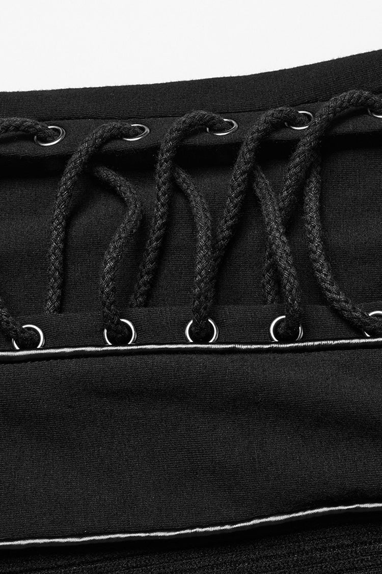 Black Long Sleeves Rivet Zipper Drawstring Punk Blouse