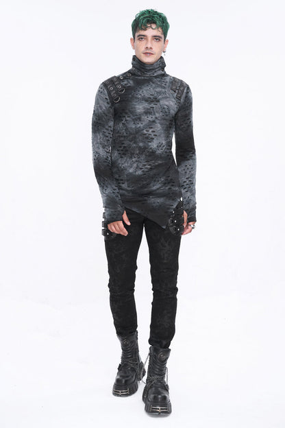 Grey/black Lrregular Ripped Stand Collar Punk Shirt