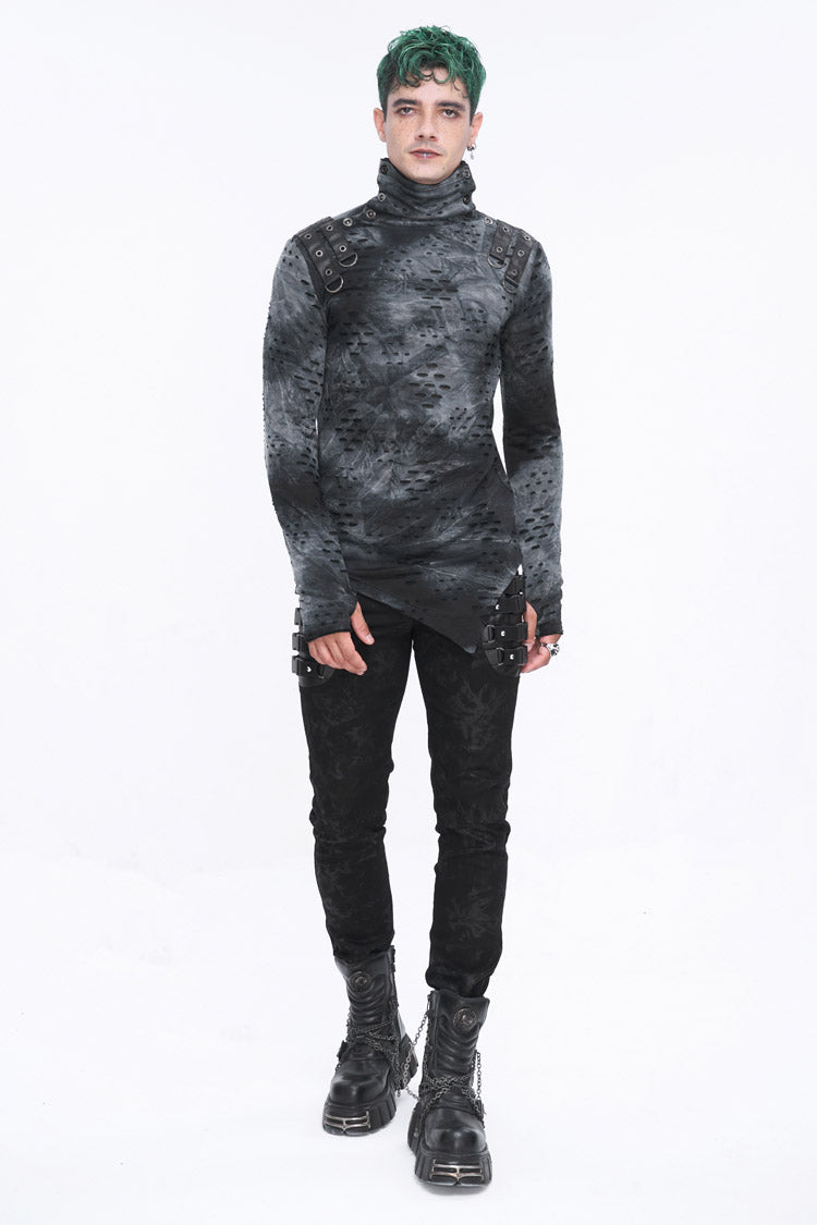 Grey/black Lrregular Ripped Stand Collar Punk Shirt