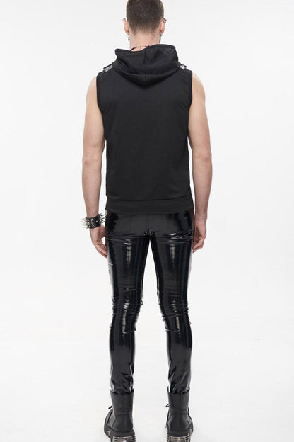 Black Punk Metal Skull Patent Leather Bullet Clip Textured Zip Hooded Sleeveless T-shirt