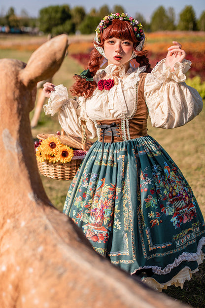 Green [ode to Plenty] Berries and Birds Print Ruffle Bowknot Velvet Classic Lolita Breast Support Jsk Dress