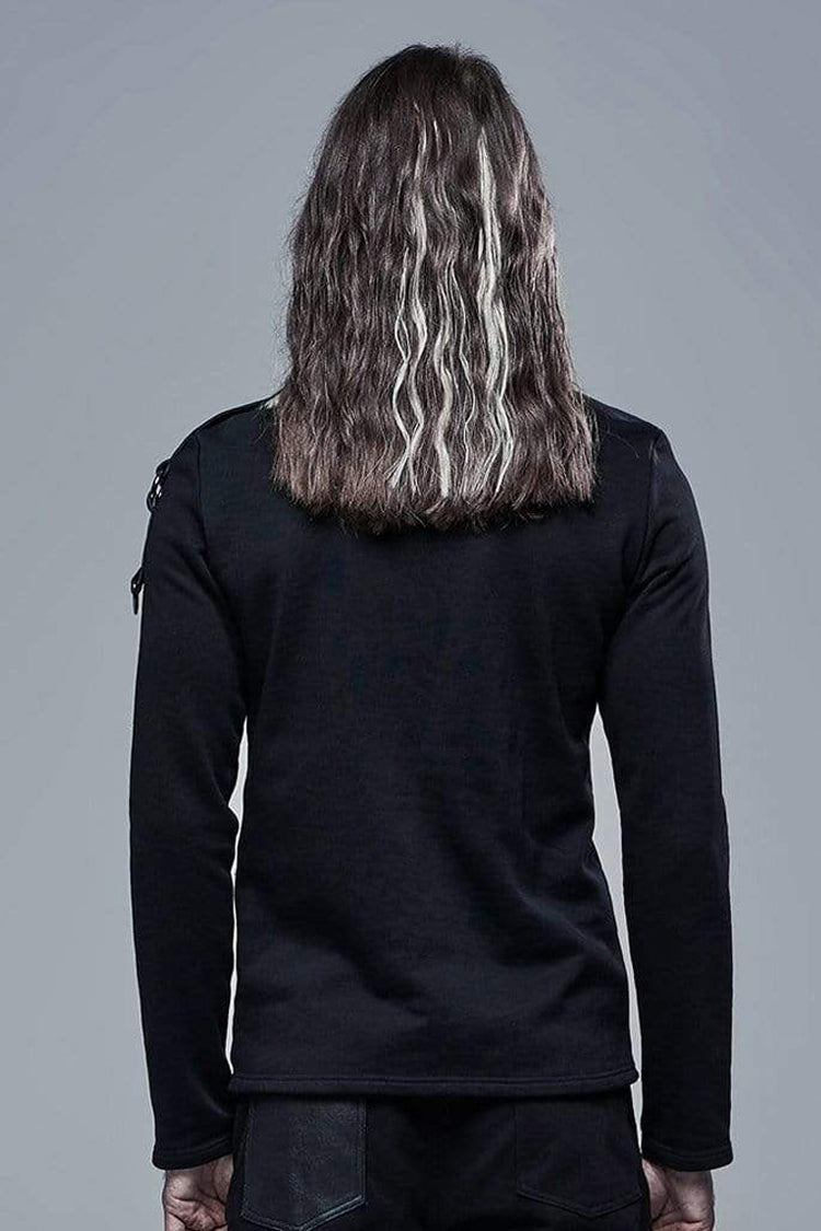 Black Long Sleeve Knit Front Splice Imitation Leather Lace Up Punk T-shirt