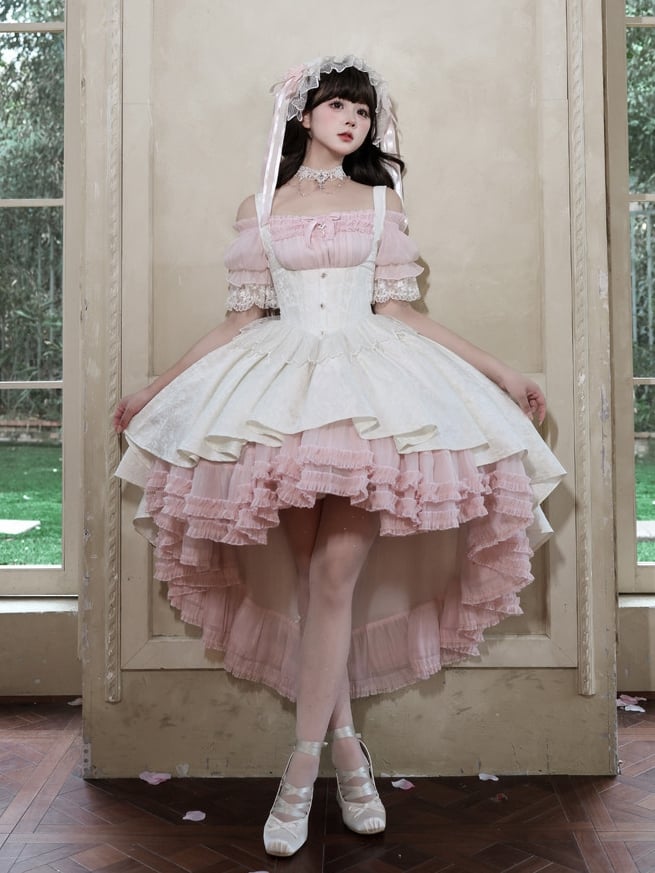 [pre-order Deadline: April 28] Pink X White Gothic Lolita Corset Layered Jsk Dress + Off-shoulder Lace Puff Top