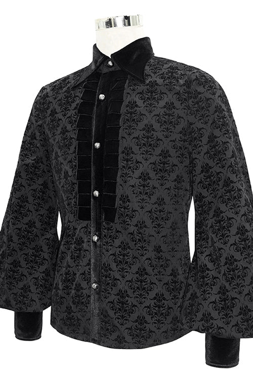Black Court Pattern Flocking Lantern Sleeves Gothic Blouse
