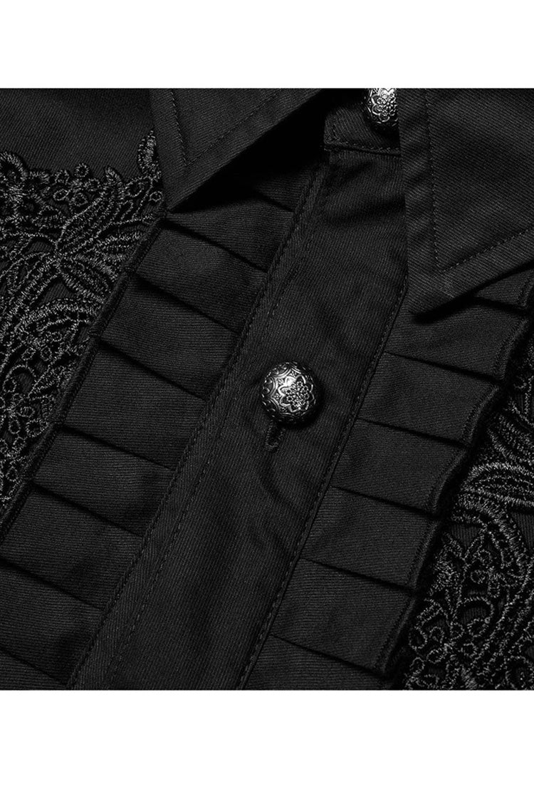 Black Gothic Delicate Decals Placket Pleated Ruffle Long Sleeve Shirt