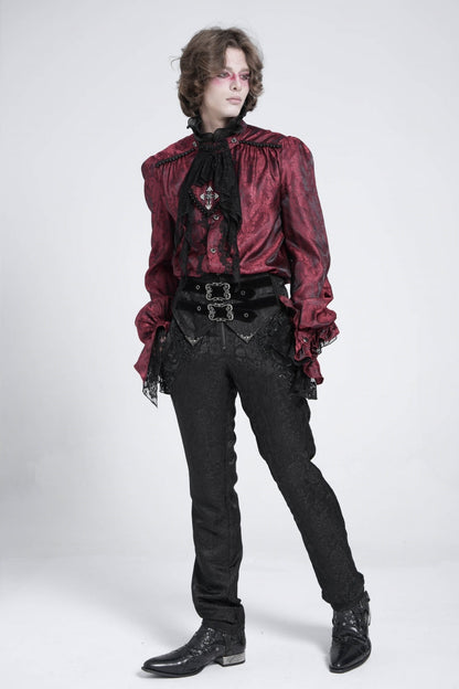 Red Long Puff Sleeves Gothic Blouse With Lace Necktie