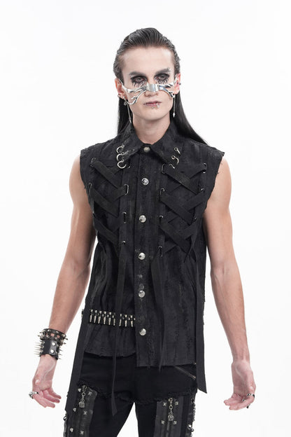 Black Lapel Collar Sleeveless Lace-up Ripped Ring Gothic Vest