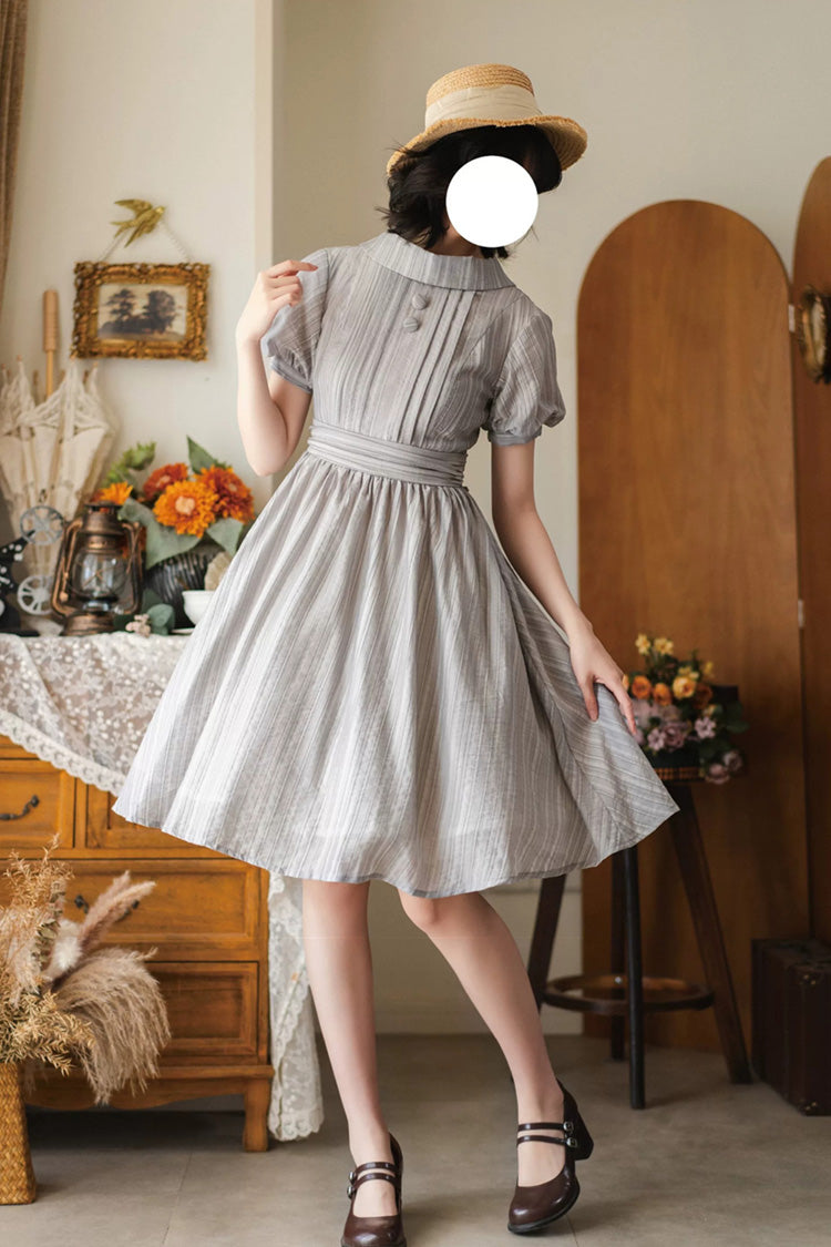 Grey [forest Gallery] High Collar Short Lantern Sleeves Pastoral Style Classic Lolita Dress