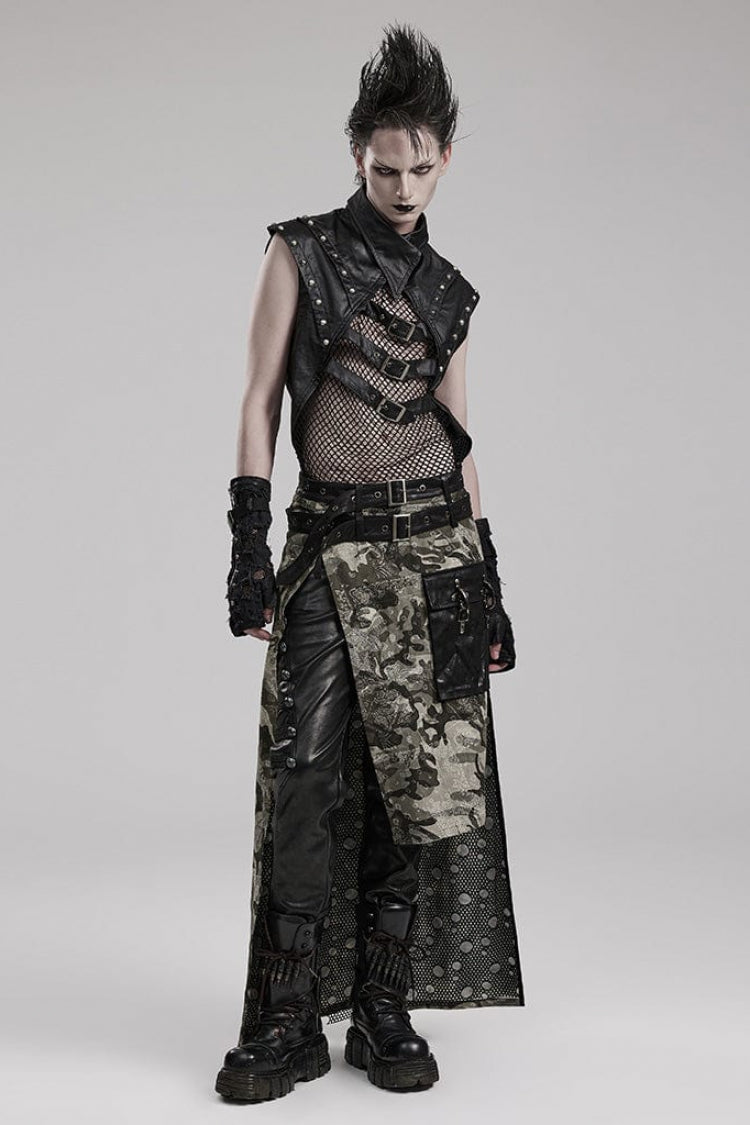 Black Faux Leather Stitching Mesh Sheer Metal Rivets Steampunk Vest