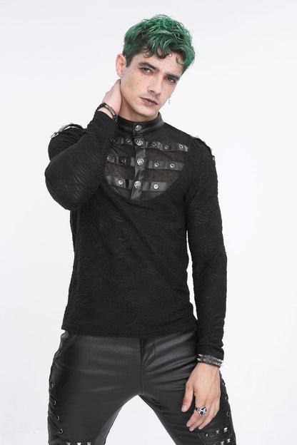 Black Stand Collar Mesh Splice Punk Shirt