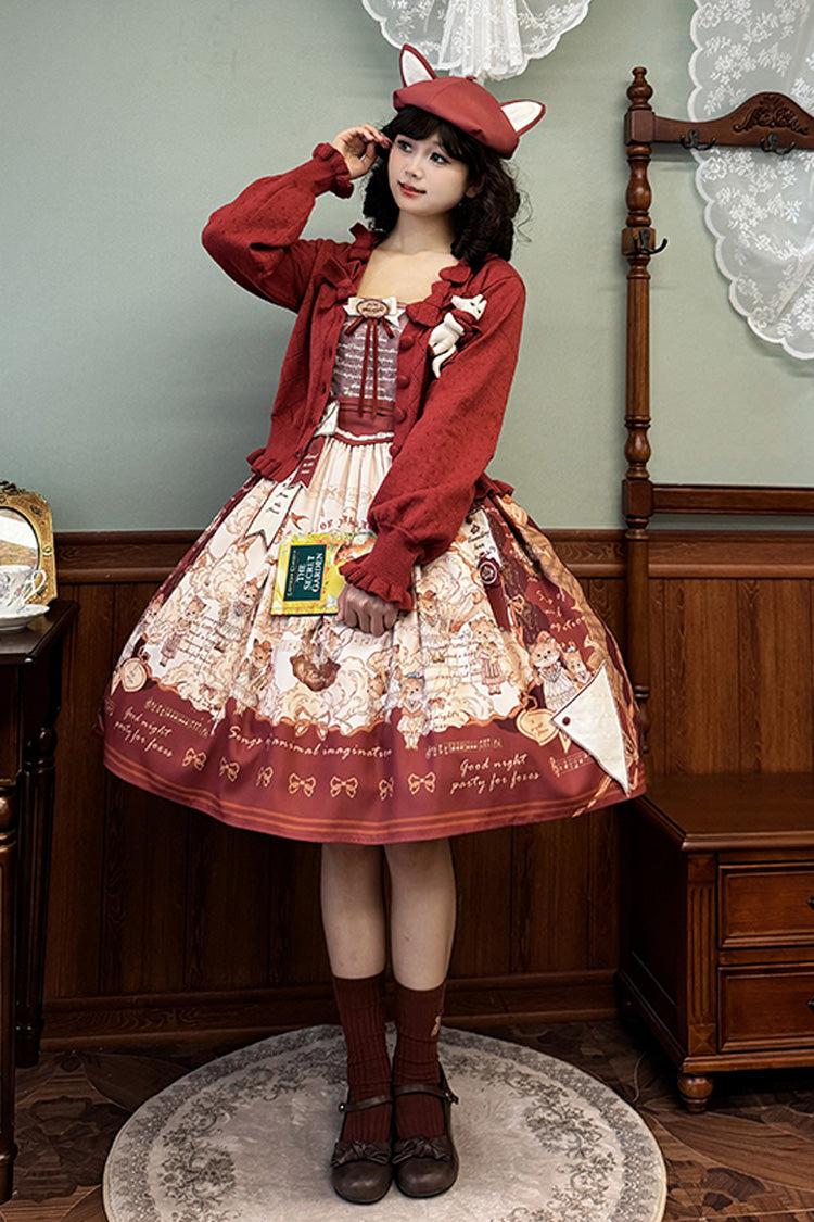 Wine Red [fox Band] Print Square Collar Bowknot Classic Lolita Jumper Dress