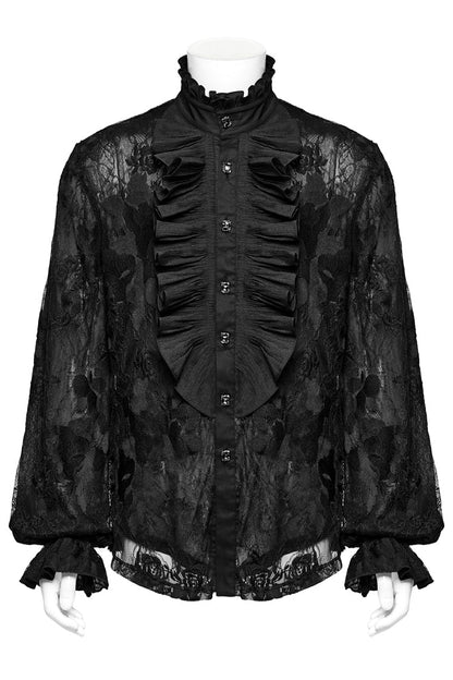 Black Stand Collar Lantern Sleeves Print Ruffle Lace Gothic Blouse