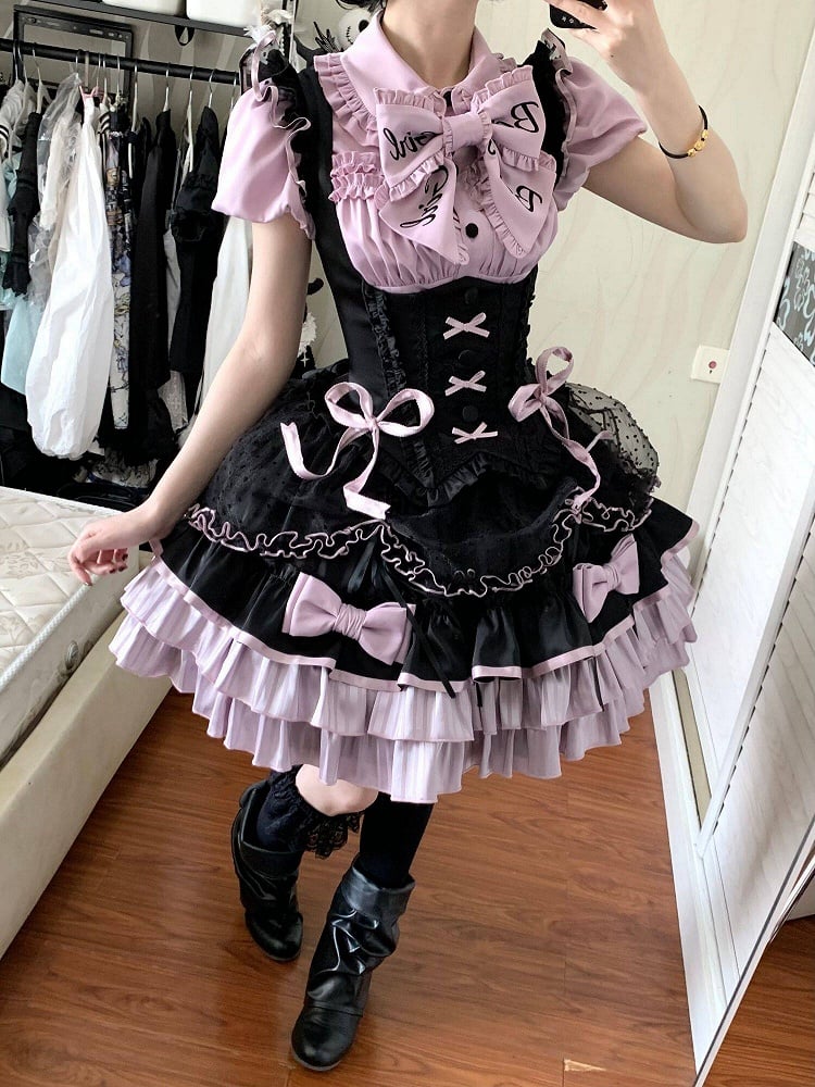 [order Deadline: May 12] Black Purple Lolita Idol Ribbon Puff Sleeve Shirt + Corset Tulle Pull-up Jks Dress Set